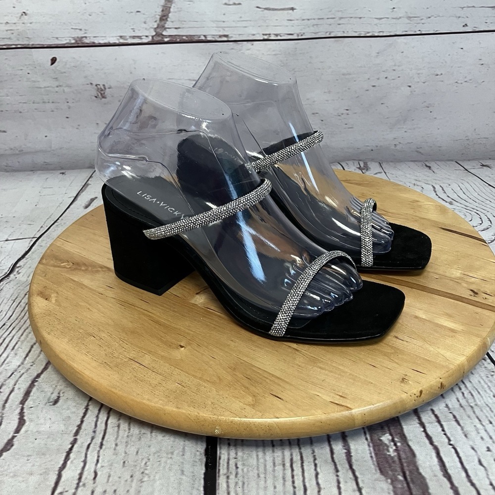 Lisa Vicky Rhinestone Heels Womens Size 7M Black Block Heel Evening Sandals